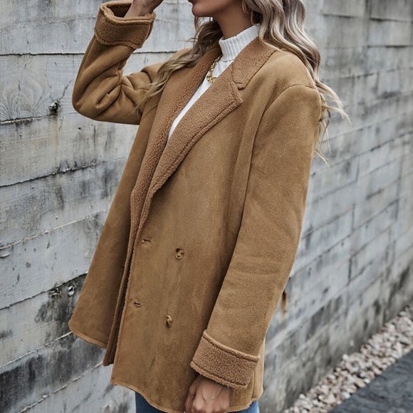 shearling lined vegan suede trench pea coat camel - Picture 4 of 7